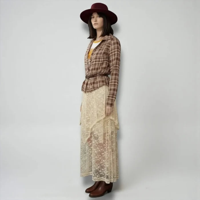 woman wearing Plaid V Neck Fitted Button-Down Shirt -lace skirt, and burgundy hat white background
