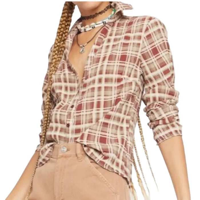 woman wearing Plaid V Neck Fitted Button-Down Shirt close-up of plunging neck darted fitted textured top