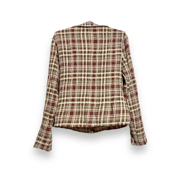 back side close up Plaid V Neck Fitted Button-Down Shirt