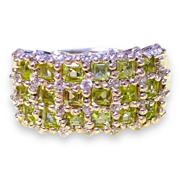 Women's Platinum Peridot Cluster Cocktail Ring with green Arizona peridot and white topaz accents / 7