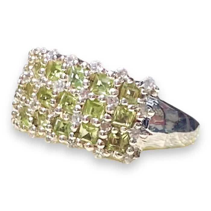 Women's Platinum Peridot Cluster Cocktail Ring with green Arizona peridot and white topaz accents / 7