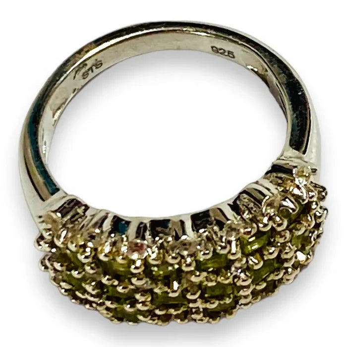 Women's Platinum Peridot Cluster Cocktail Ring with green Arizona peridot and white topaz accents / 7