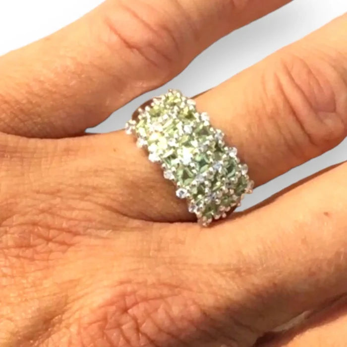 Women's Platinum Peridot Cluster Cocktail Ring with green Arizona peridot and white topaz accents / 7