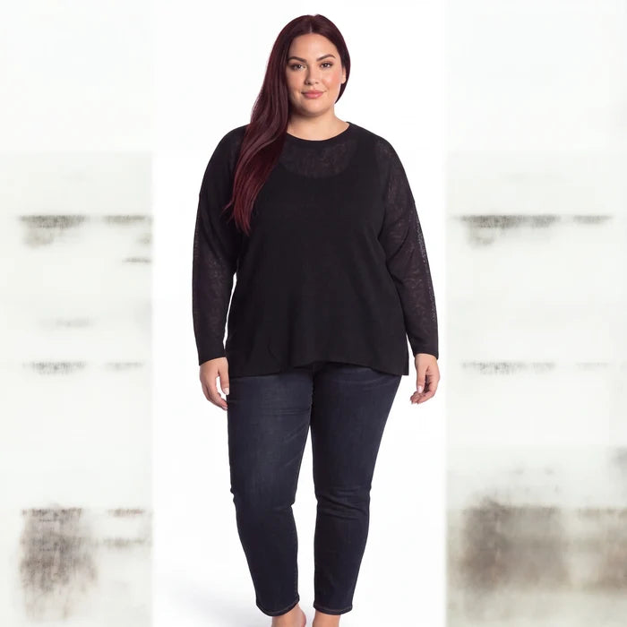 Woman wearing Plus Black Sheer Knit Long Sleeve Top with relaxed fit and slouchy shoulders / 2X / Catherine Manlandrino