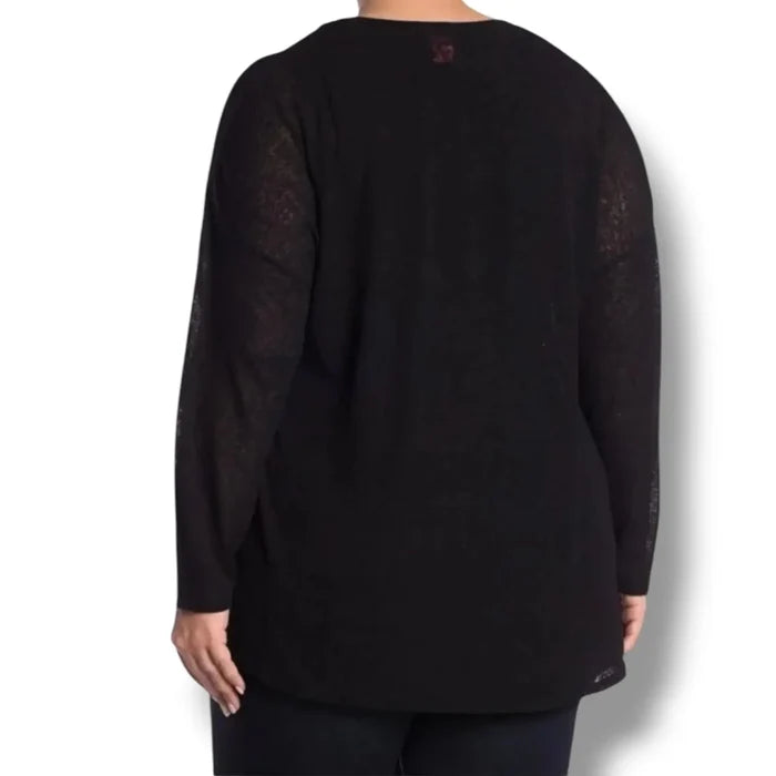 Back view woman wearing Plus Black Sheer Knit Long Sleeve Top with relaxed fit and slouchy shoulders / 2X / Catherine Manlandrino
