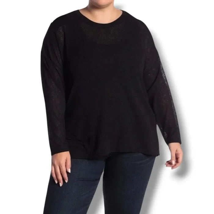 Women wearing front view Plus Black Sheer Knit Long Sleeve Top with relaxed fit and slouchy shoulders / 2X / Catherine Manlandrino