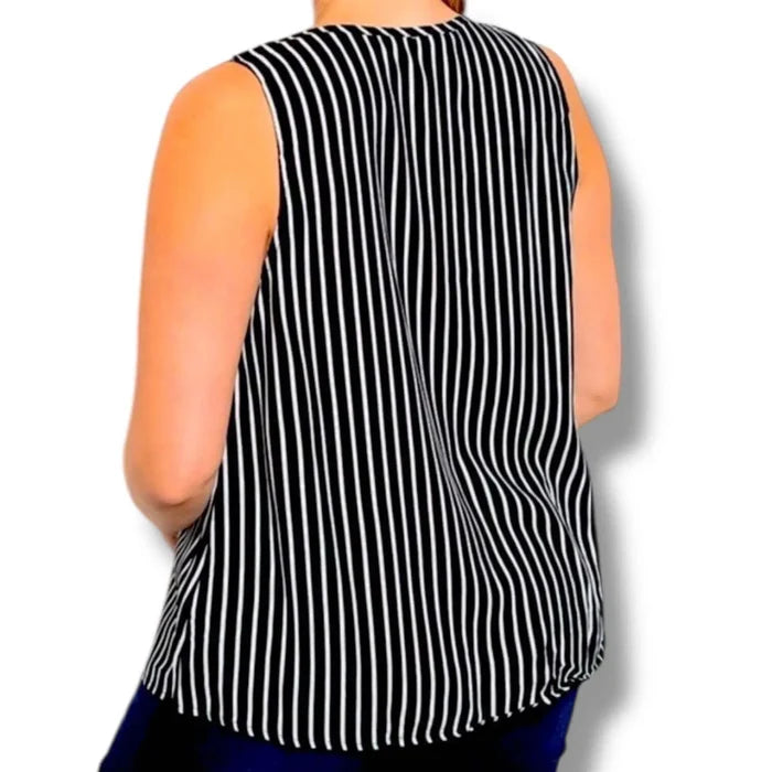 Plus Black White Striped Sleeveless V-Neck Blouse a-line design with embroidered neckline and gold button front 2X or 3X