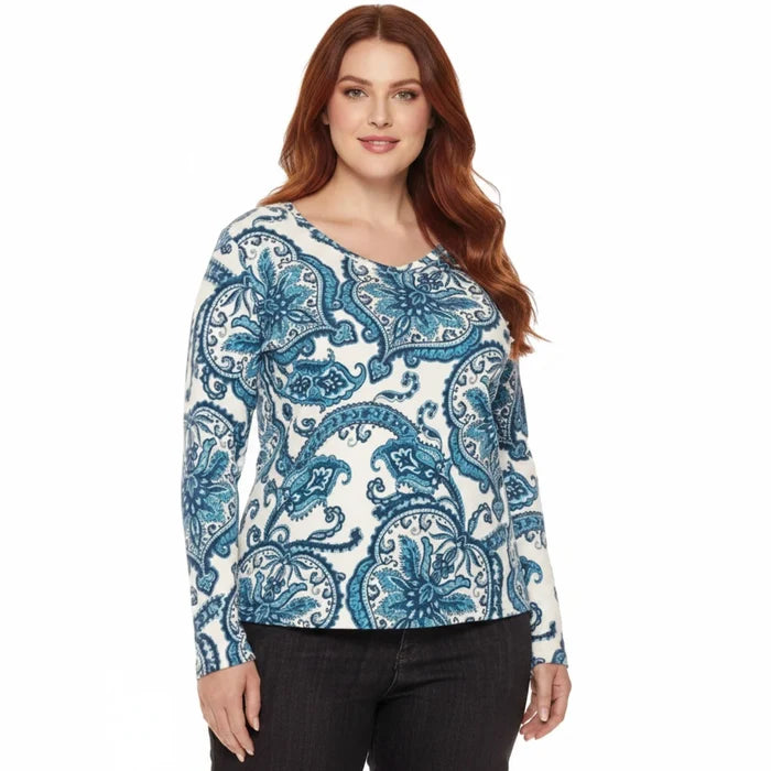 Woman wearing Plus Blue Paisley V Neck Long Sleeve Top cotton / boho/ white/blue / Women’s Tops / 5X