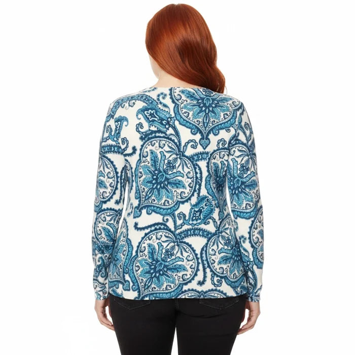 Woman back view Plus Blue Paisley V Neck Long Sleeve Top cotton / boho/ white/blue / Women’s Tops / 5X