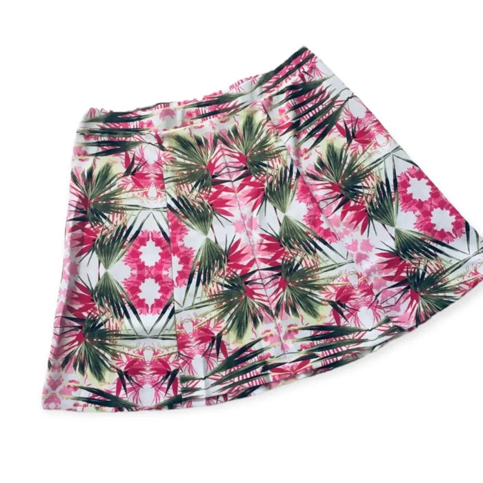 Plus Colorful Tropical A-line Mini Skirt with pink floral and palm leaf print