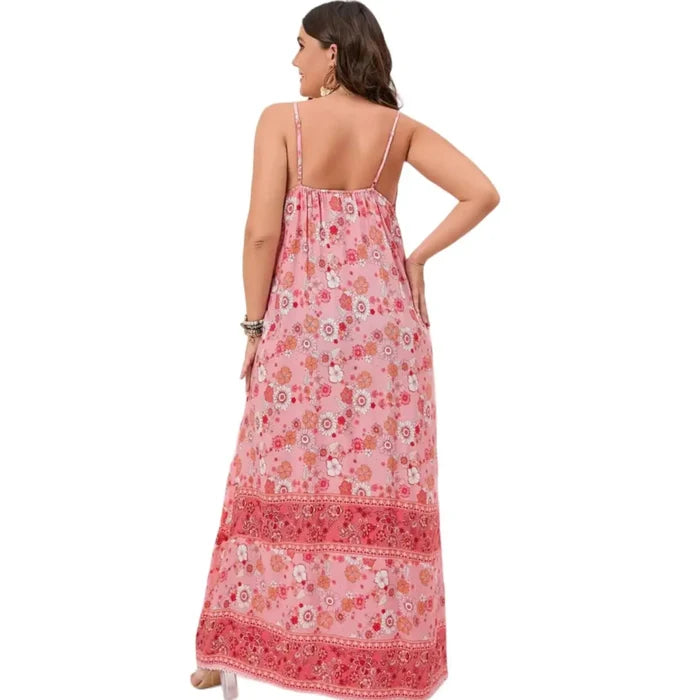 Plus floral summer cami maxi dress with V-neck, open back smocked panel, and adjustable thin straps in black and white, pink and white, or pink and orange prints, 1X to 3X