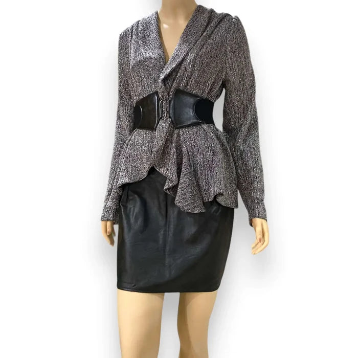 Plus metallic draped short cardigan in black and gray lurex shimmer with open front waterfall tiered ruffle peplum trim, long sleeves, women’s size 2X