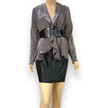 Plus metallic draped short cardigan in black and gray lurex shimmer with open front waterfall tiered ruffle peplum trim, long sleeves, women’s size 2X
