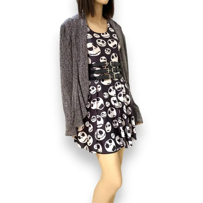 Plus metallic draped short cardigan in black and gray lurex shimmer with open front waterfall tiered ruffle peplum trim, long sleeves, women’s size 2X