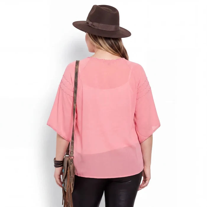 Plus Pink Embroidered Peasant Blouse - Women’s Blouse