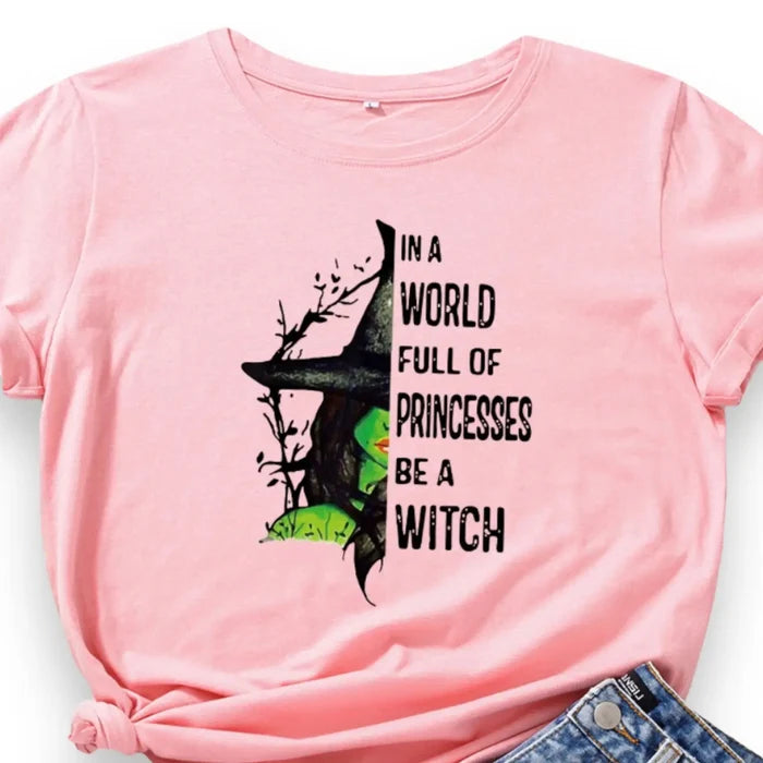 Plus pink witch graphic tee with “In A World Full Of Princesses BE A Witch” print.