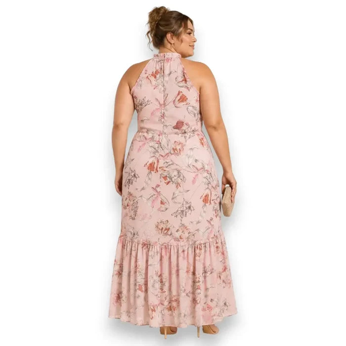 woman back side Plus Pink Sleeveless Floral Ruffle Midi Dress ruffle neckline, waist tie, hilo tulip hem, full lining 2X