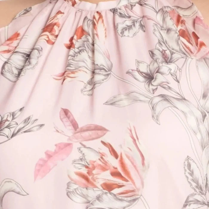 woman wearing Plus Pink Sleeveless Floral Ruffle Midi Dress with frill mock neckline, waist tie, high-low tulip hem, and full lining
