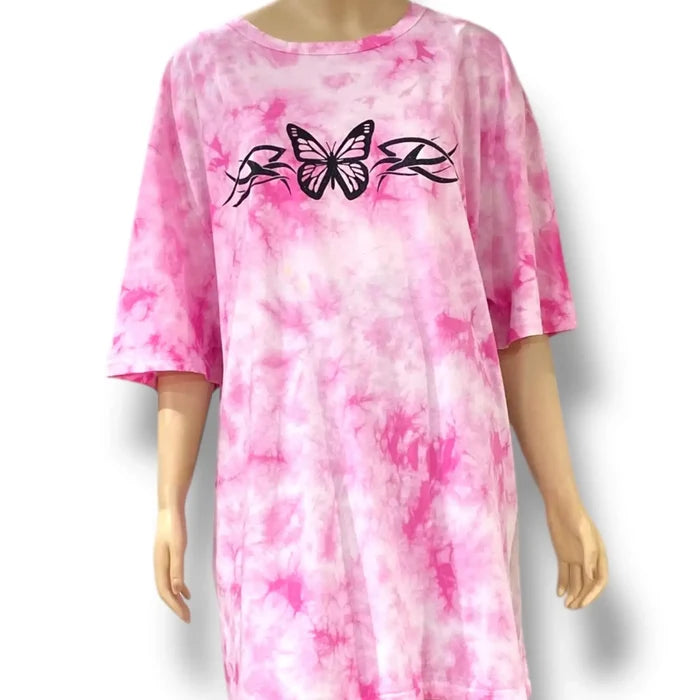 Plus Pink Tie Dye Tunic Tee short sleeve butterfly tattoo graphic front view of oversized pink and white tie dye t-shirt in 2X
