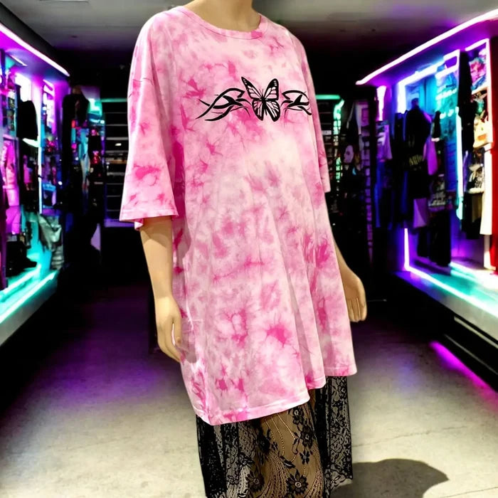 Plus Pink Tie Dye Tunic Tee short sleeve butterfly tattoo graphic front view of oversized pink and white tie dye t-shirt in 2X