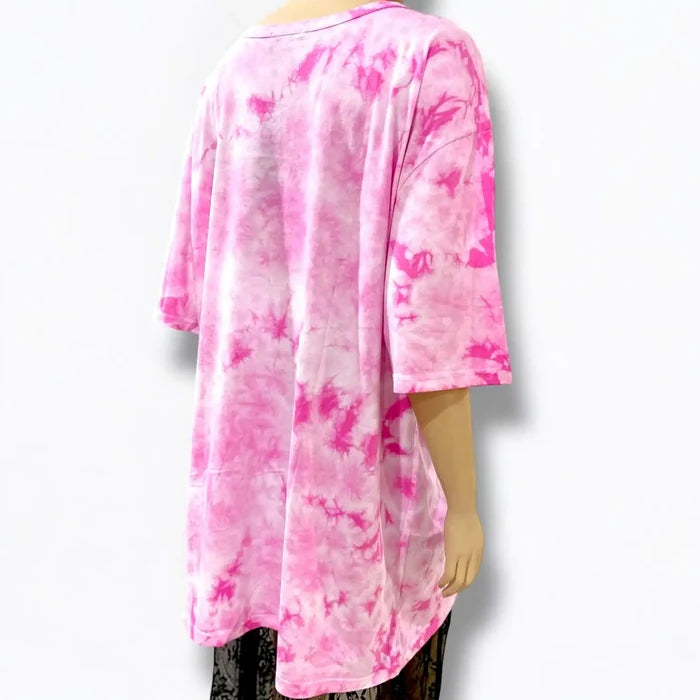 Plus Pink Tie Dye Tunic Tee short sleeve butterfly tattoo graphic oversized pink and white tie dye t-shirt in 2X