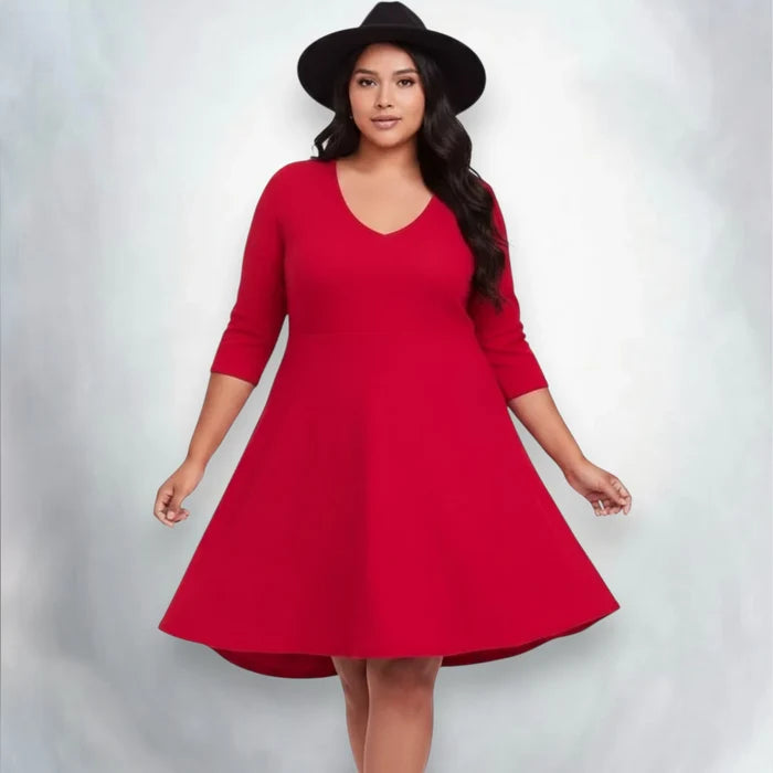 Plus Red Plush Fit Flare Midi Dress - 1X / Red / V-neck - Midi Dress