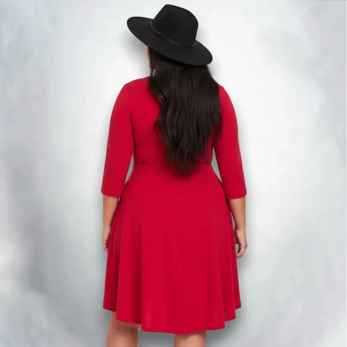 Plus Red Plush Fit Flare Midi Dress - 1X / Red / V-neck - Midi Dress