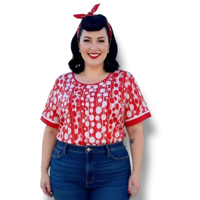 Rockabilly chic woman wearing Plus Retro Abstract Red & White Dot Blouse 2XL or 3XL