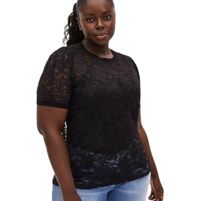 Plus Short Sleeve Sheer Black Floral Lace Top crew neck mesh 2X