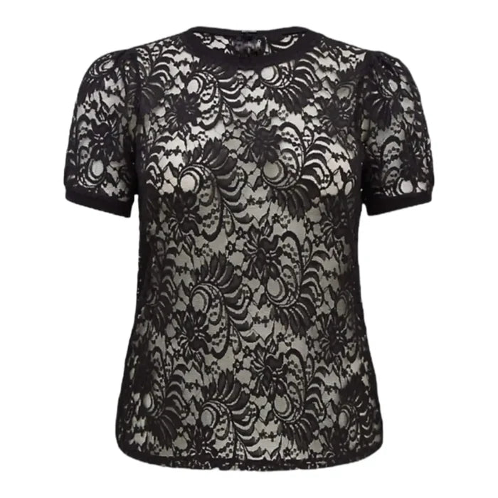 Plus Short Sleeve Sheer Black Floral Lace Top crew neck mesh 2X