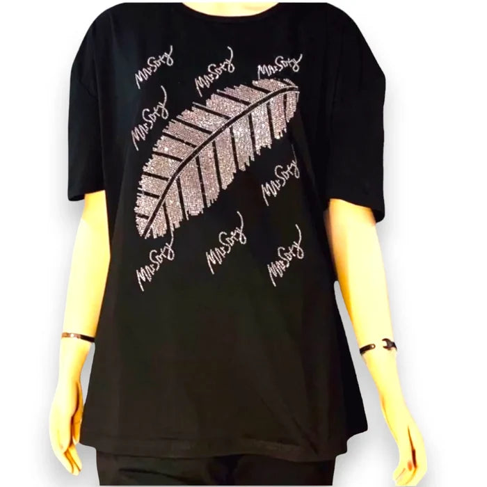 Women's Plus Size Black Diamond Feather Graphic T-Shirt / 5 XL
