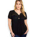 Plus Size Black Studded V-Neck Mesh Blouse  chiffon blouse with studded V neckline pleated front and cuffed short sleeves
