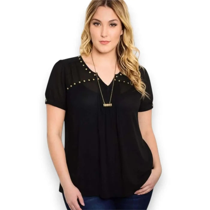 Plus Size Black Studded V-Neck Mesh Blouse  chiffon blouse with studded V neckline pleated front and cuffed short sleeves