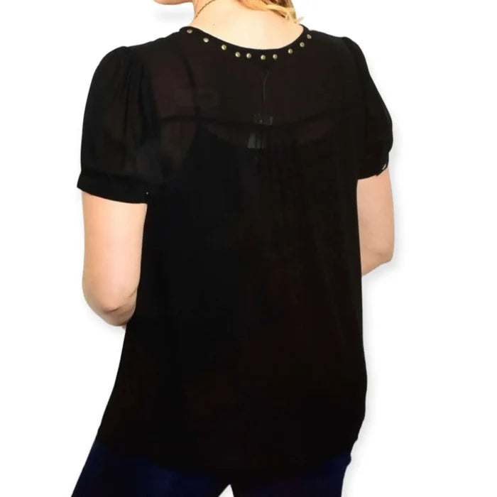 Plus Size Black Studded V-Neck Mesh Blouse  chiffon blouse with studded V neckline pleated front and cuffed short sleeves