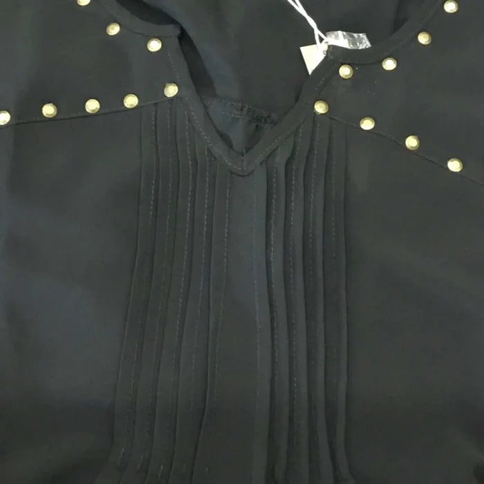 Plus Size Black Studded V-Neck Mesh Blouse  chiffon blouse with studded V neckline pleated front and cuffed short sleeves