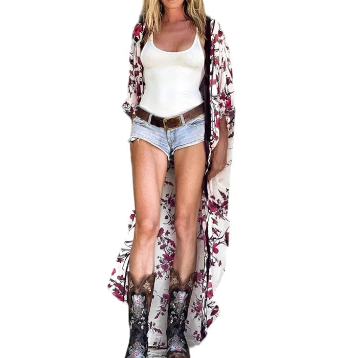 Plus size boho floral long robe cover up in ivory with red floral print and black velvet trim, open front kimono style for beach or layering