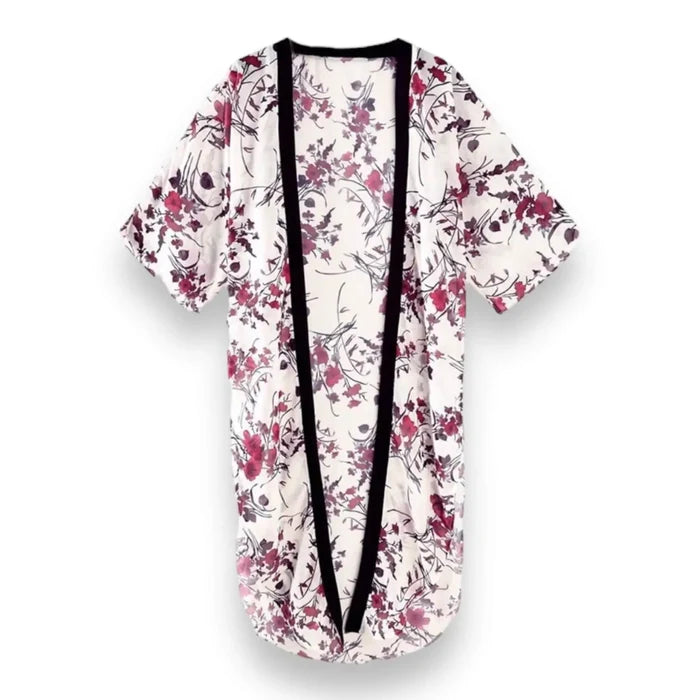 Plus size boho floral long robe cover up in ivory with red floral print and black velvet trim, open front kimono style for beach or layering