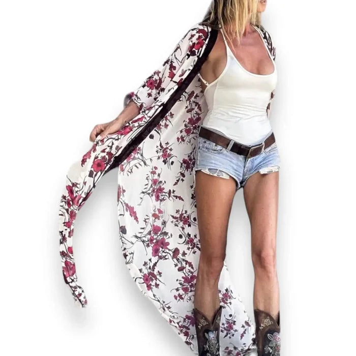 Plus size boho floral long robe cover up in ivory with red floral print and black velvet trim, open front kimono style for beach or layering