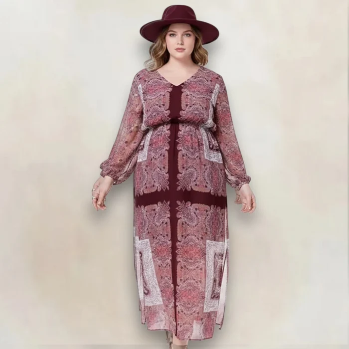 Plus Size Burgundy Paisley V-Neck Maxi Dress - Burgundy/Pink/White / 2X / Female - Maxi Dress