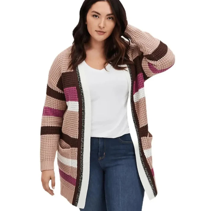 Women's Plus Size Colorful Striped Mid-Length Cardigan Sweater with pockets and open front / 1 X / 2X