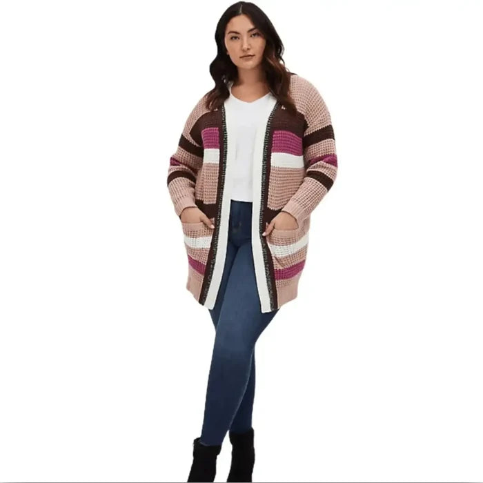 Women's Plus Size Colorful Striped Mid-Length Cardigan Sweater with pockets and open front / 1 X / 2X