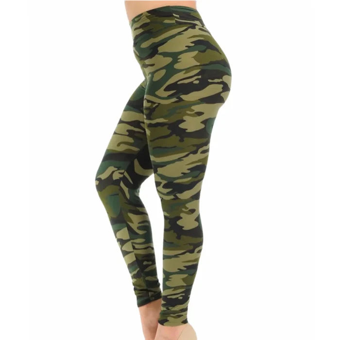 Plus size high waisted green camo leggings in soft brushed knit, shown on hanger for casual everyday wear.