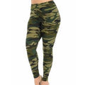 Plus size high waisted green camo leggings in soft brushed knit, shown on hanger for casual everyday wear.