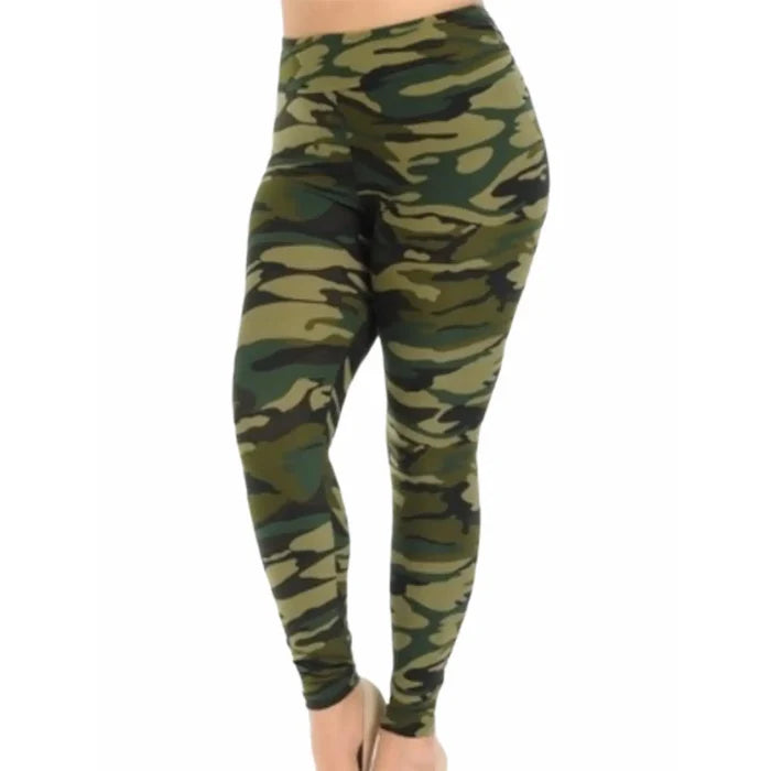 Plus size high waisted green camo leggings in soft brushed knit, shown on hanger for casual everyday wear.