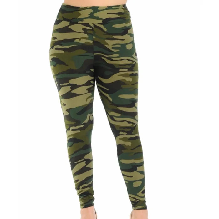 Plus size high waisted green camo leggings in soft brushed knit, shown on hanger for casual everyday wear.
