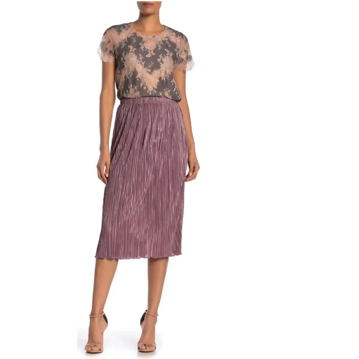 Plus Size Mauve Rose Velvet Pleated Midi Skirt Elastane Waistband 1X
