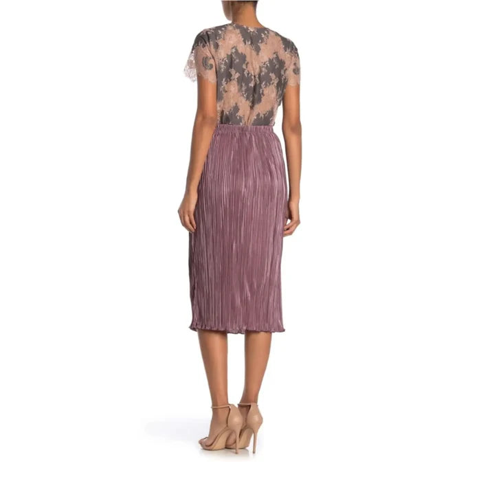 Plus Size Mauve Rose Velvet Pleated Midi Skirt Elastane Waistband 1X