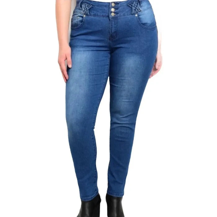 Plus Size Mid Rise Skinny Jeans in blue stretch denim with braided belt loops/ women's/ 1X