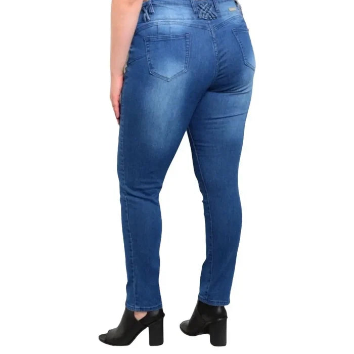 Plus Size Mid Rise Skinny Jeans in blue stretch denim with braided belt loops/ women's/ 1X