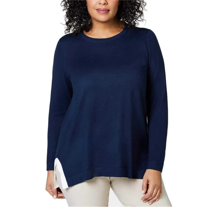 Plus Size Navy Blue White Trim Knitted Sweater crisp nautical style